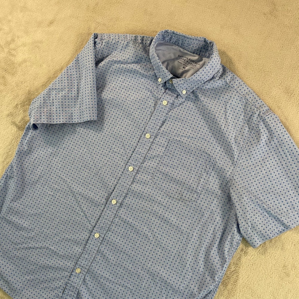 Banana Republic Luxe Poplin Shirt Men XL Blue Floral Print Slim Fit Short Sleeve